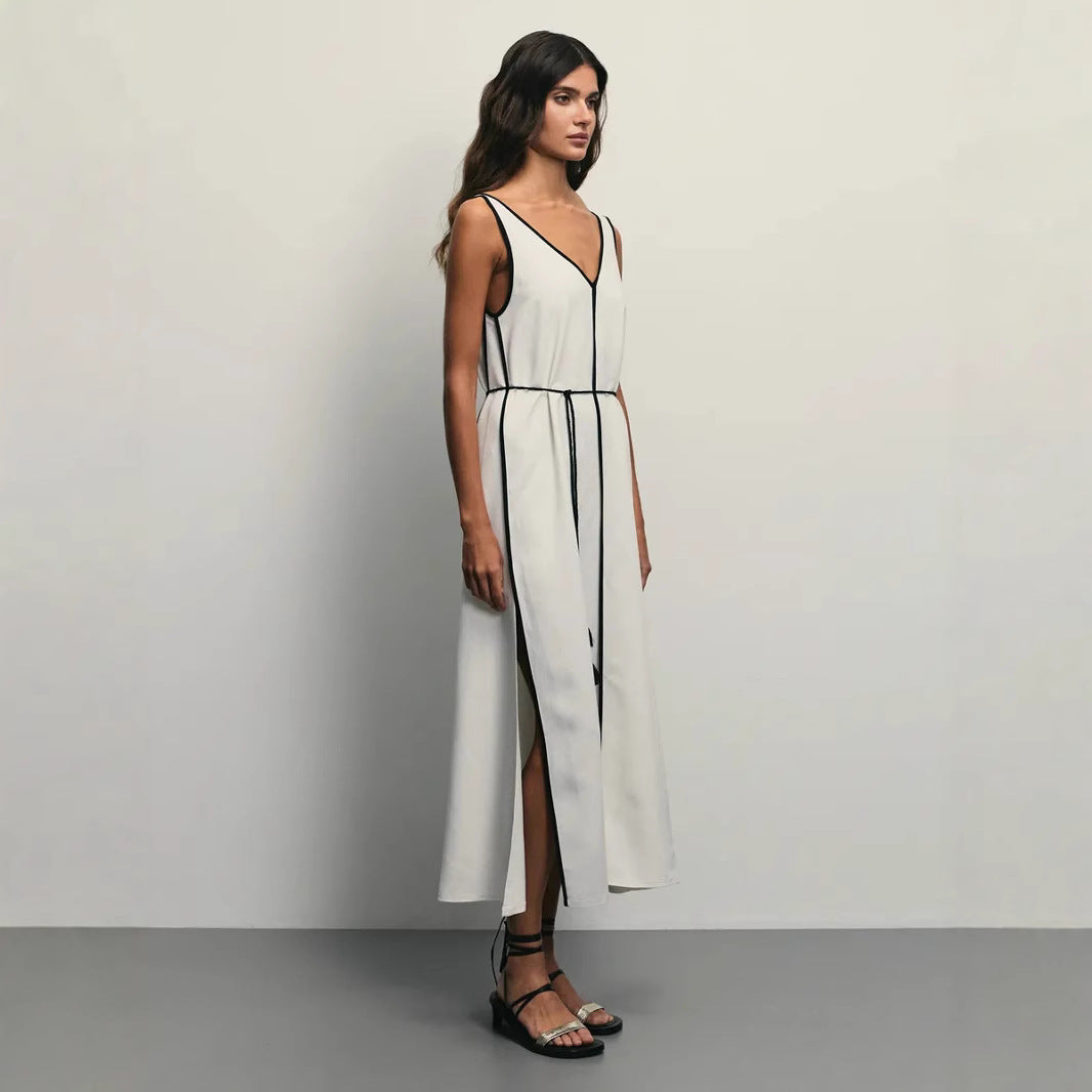 Women’s Sleeveless Midi Dress – A-Line Fit – U-Neck – Adjustable Waist Tie – Breathable Fabric