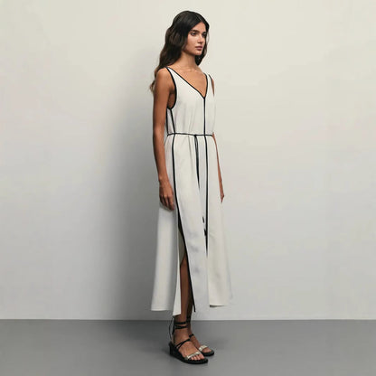 Women’s Sleeveless Midi Dress – A-Line Fit – U-Neck – Adjustable Waist Tie – Breathable Fabric