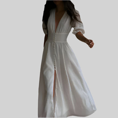 Women's Maxi Dress - Puff Sleeve V-Neck - Front Side Slit