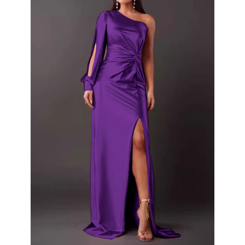 Women’s Maxi Dress – Satin Finish – One Shoulder – High Slit – Ruched Waist – Slim Fit