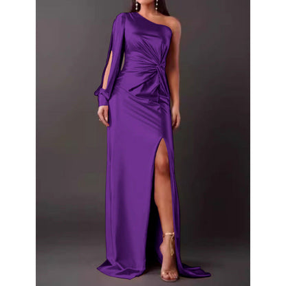 Women’s Maxi Dress – Satin Finish – One Shoulder – High Slit – Ruched Waist – Slim Fit