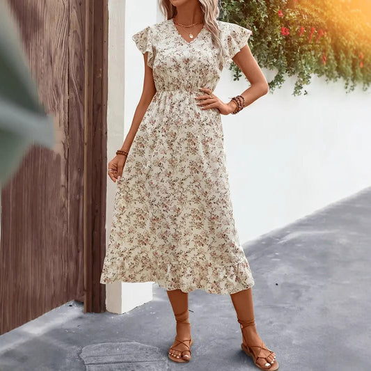 Women’s Midi Dress – Cotton Blend – V-Neck – Flutter Sleeve – Ruffled Hem – A-Line Fit