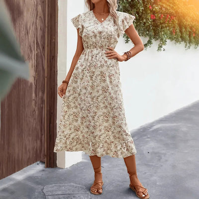Women’s Midi Dress – Cotton Blend – V-Neck – Flutter Sleeve – Ruffled Hem – A-Line Fit