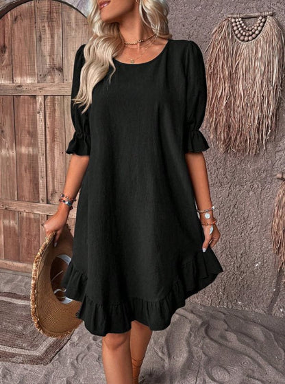 Women’s Midi Dress – Relaxed Fit – Ruffle Sleeves – Flowy Hem – Breathable Fabric