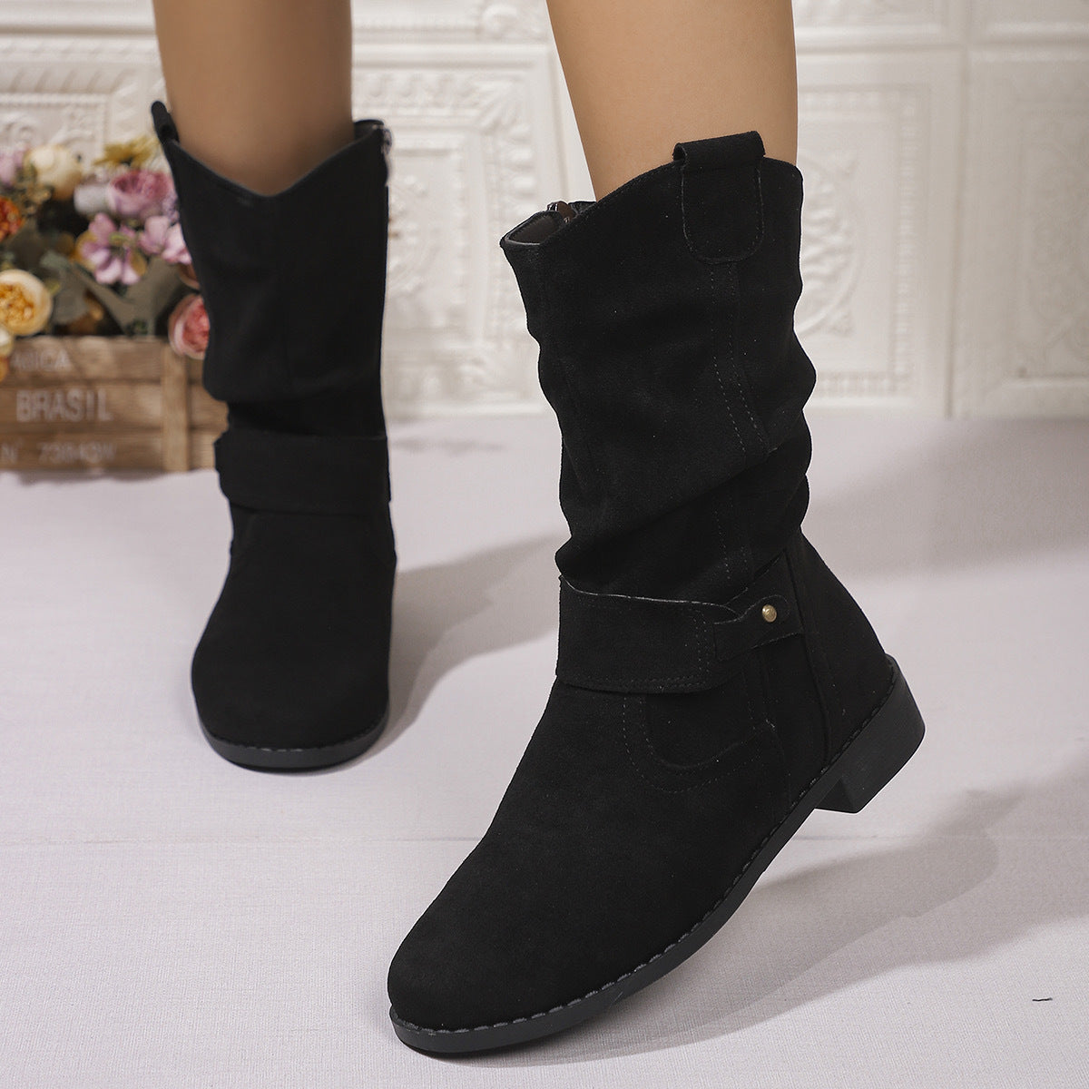 Women’s Mid-Calf Boots – Suede Finish – Block Heel – Side Zip – Slouched Fit