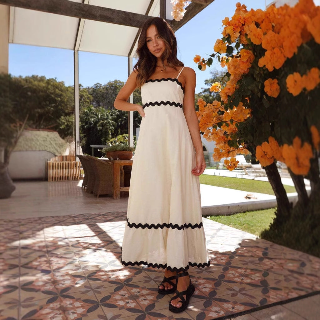 Women’s Maxi Dress – A-Line Fit – Lightweight Cotton – Spaghetti Straps – Boho Trim