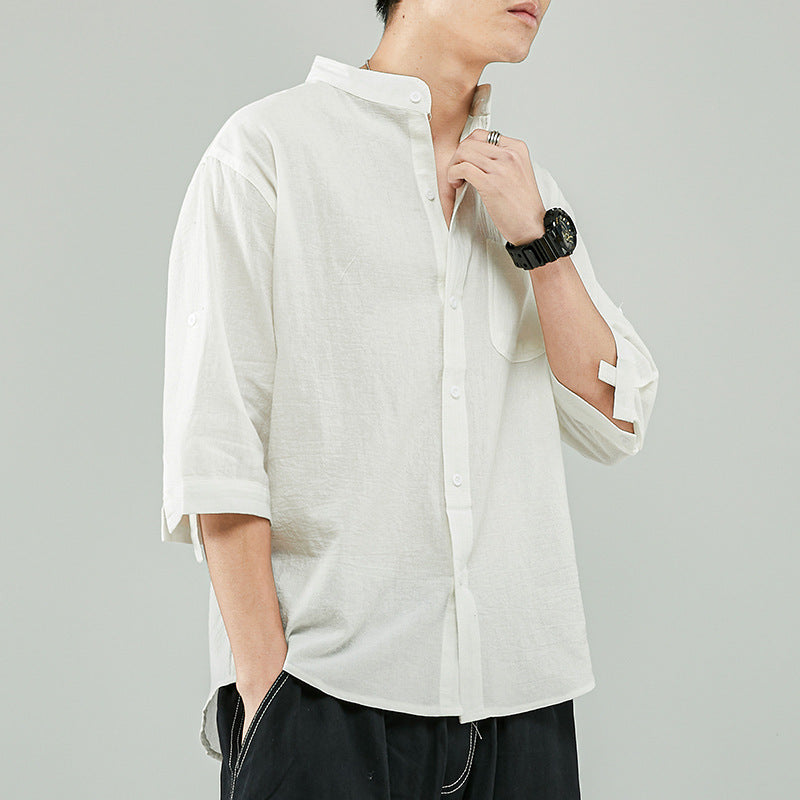Men’s Shirt – Linen Cotton Blend – Relaxed Fit – Band Collar – 7/8 Sleeve Casual