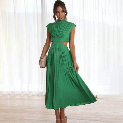 Women’s Midi Dress – Fitted Silhouette – Pleated Bodice – Waist Cut-Out – Cap Sleeves