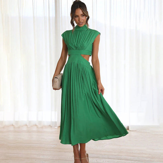 Women’s Midi Dress – Fitted Silhouette – Pleated Bodice – Waist Cut-Out – Cap Sleeves