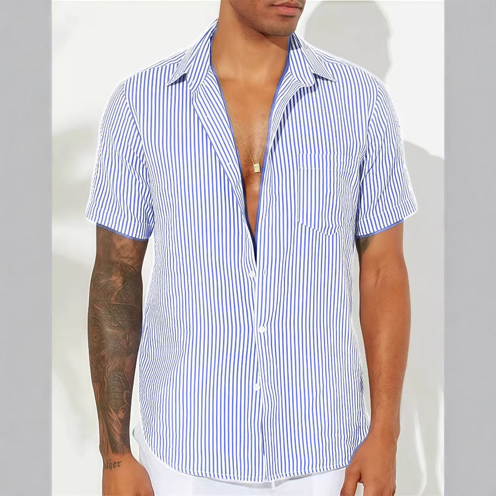 Men’s Casual Shirt – Relaxed Fit – Short Sleeve – Vertical Stripes