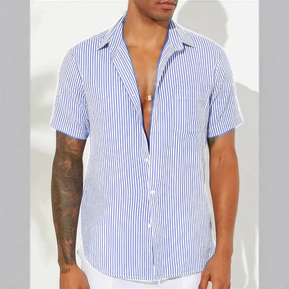 Men’s Casual Shirt – Relaxed Fit – Short Sleeve – Vertical Stripes