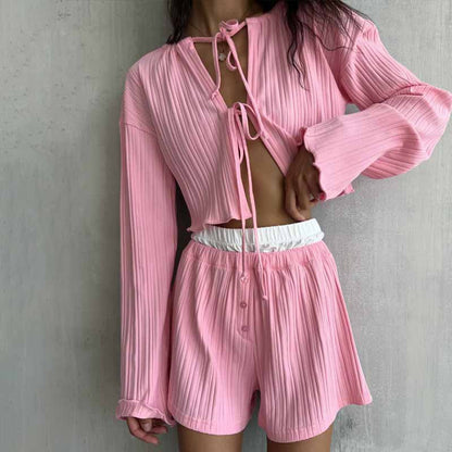 Women’s Pajama Set – Ribbed Knit – Tie-Front Cardigan – High-Waisted Flowy Shorts