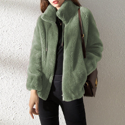 Women’s Bomber Jacket – Plush Fleece – Relaxed Fit – Stand Collar – Zip Front Closure