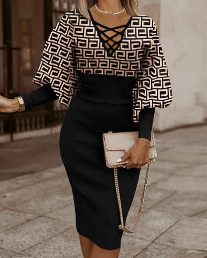 Women’s Bodycon Dress – Crisscross V-Neck – Long Sleeve – Plaid Midi – Waist Cinching