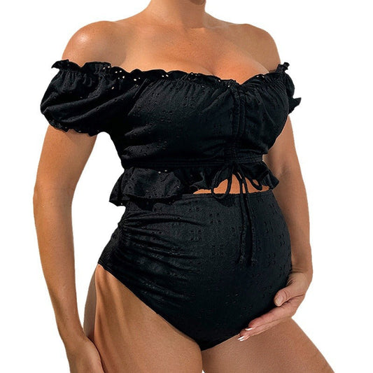 Women's Maternity Split Swimsuit – Off-Shoulder Top – Ruffled Trim – High-Waist Fit – Breathable Blend