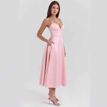 Women’s Satin Dress – V-Neck – Spaghetti Straps – Fitted Bodice – A-Line Midi Skirt