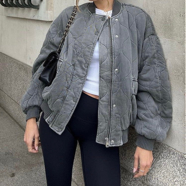 Women’s Bomber Jacket – Quilted Cotton – Oversized Fit – Zipped Hip Length Casual Wear