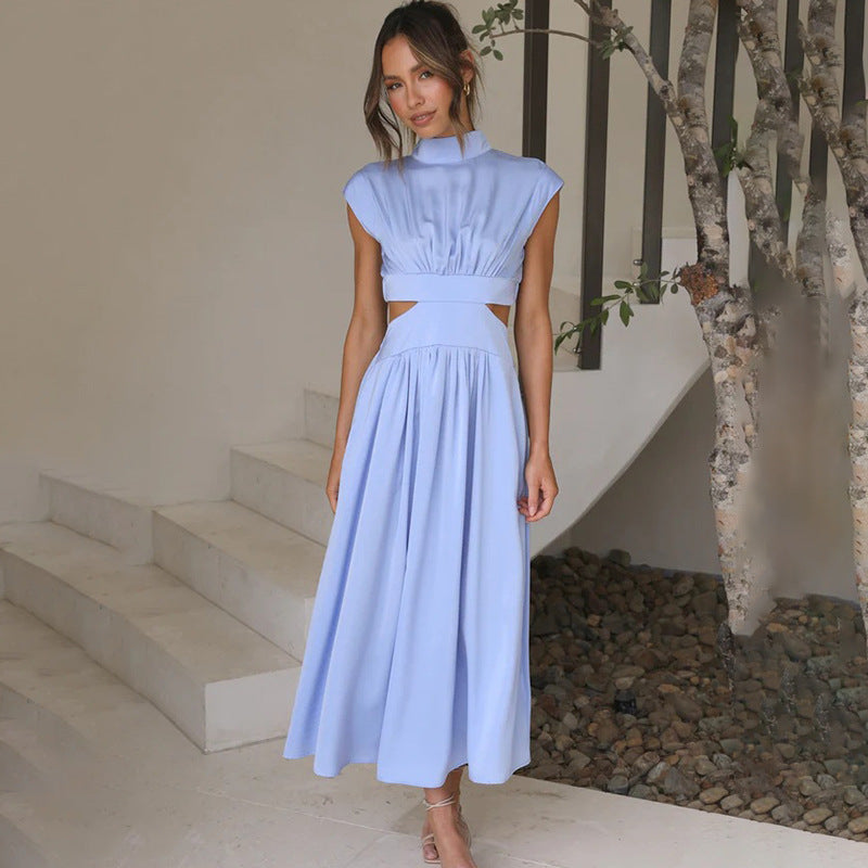 Women’s Midi Dress – Fitted Silhouette – Pleated Bodice – Waist Cut-Out – Cap Sleeves