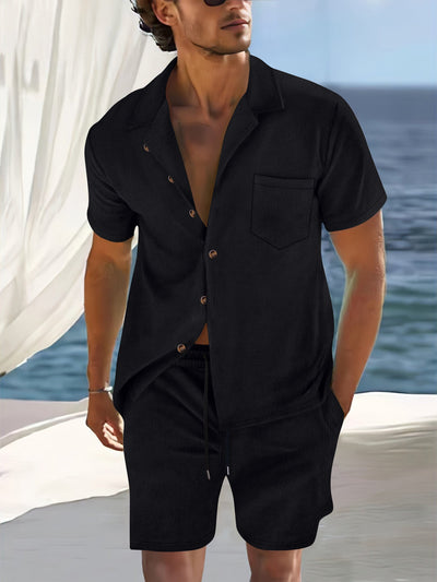 Men's Shirt and Shorts Set – Relaxed Fit – Lapel Collar – Cotton Blend – Button Front