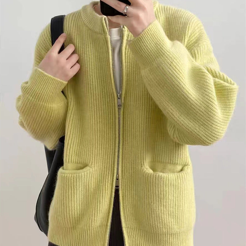 Women’s Knit Cardigan – Oversized Fit – Ribbed Wool Blend – Dual Zipper – Crew Neck