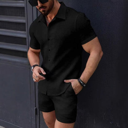Men’s Co-ord Set – Slim Fit Button-Down Shirt & Mid-Thigh Shorts – Breathable Woven