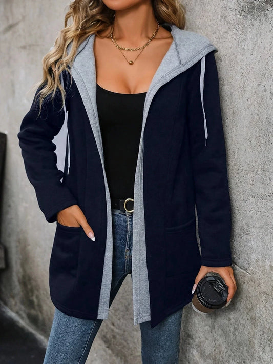 Women’s Long Hooded Jacket – Cotton – Relaxed Fit – Open Front – Patch Pockets