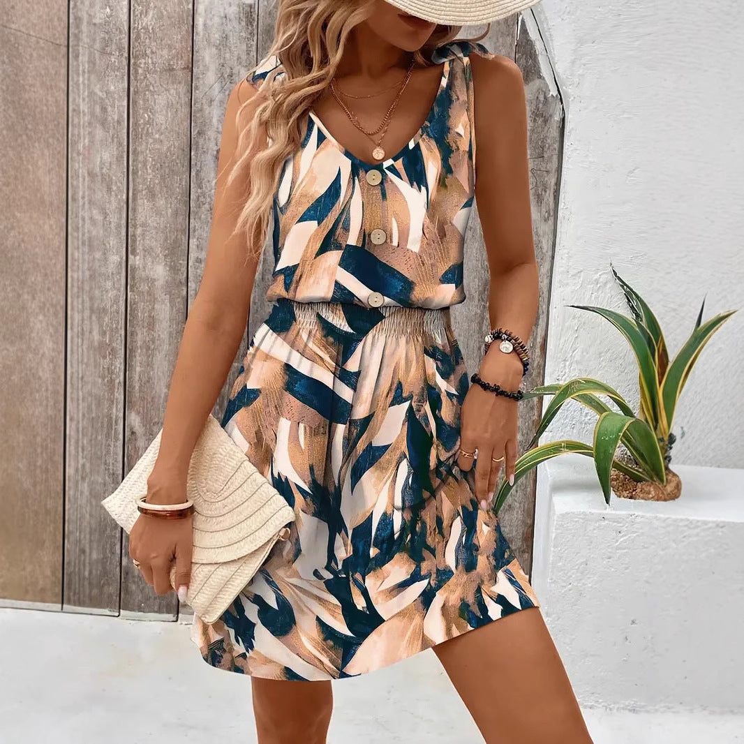 Women’s Vest Dress – Cotton – Sleeveless V-Neck – Geometric Print – Relaxed Fit