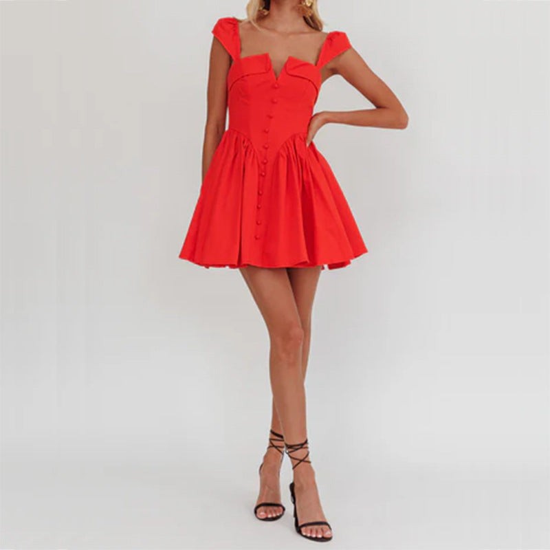 Women’s Sleeveless Short Dress – Square Neck – Fitted Bodice – Pleated A-Line Skirt – Button Front – Lightweight Cotton Blend