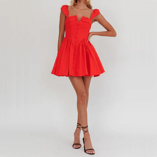 Women’s Sleeveless Short Dress – Square Neck – Fitted Bodice – Pleated A-Line Skirt – Button Front – Lightweight Cotton Blend