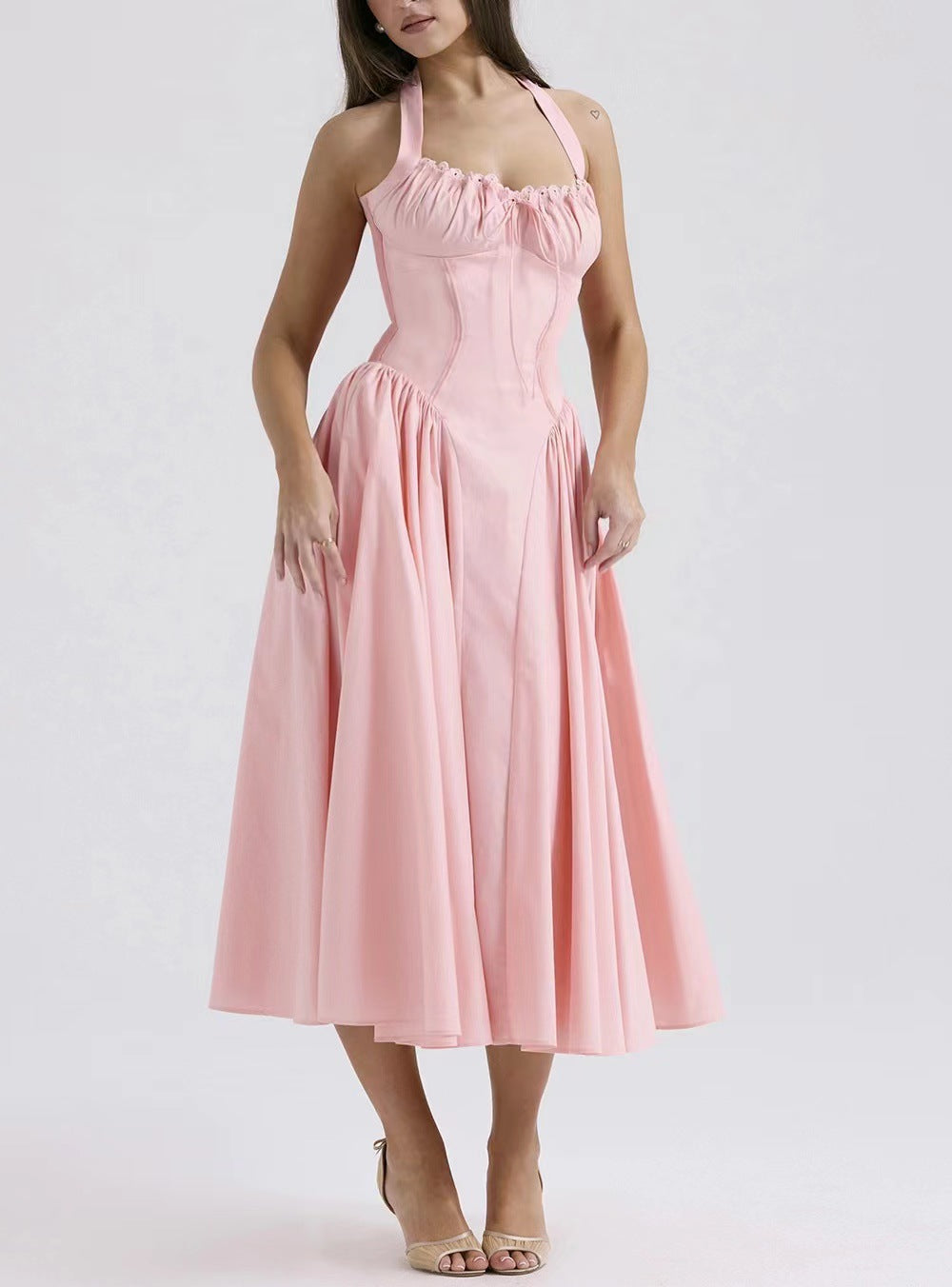 Women’s Halter Neck Dress – Slim Fit – Backless – Gathered Bodice – Flared Midi Skirt