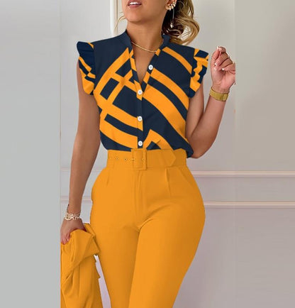 Women's Two-Piece Set – Sleeveless – V-Neck – Button Front – Petal Sleeve – Relaxed Fit