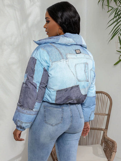 Women’s Jacket – Oversized Puffy Fit – Denim Look – Patchwork Design – Zip Front