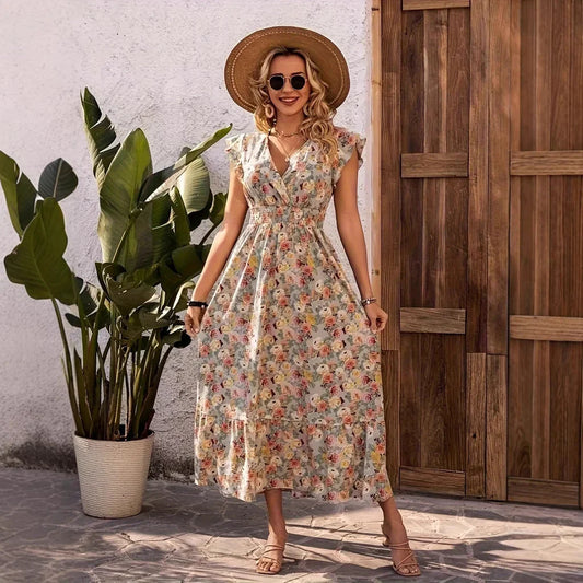 Women’s Maxi Dress – Floral Print – V-Neck – Tiered Skirt – Flutter Sleeves – Cotton Blend