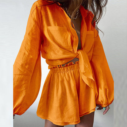 Women’s Two-Piece Set – Lightweight Cotton Blend – Tie-Front Blouse – Ruffled Shorts