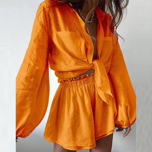 Women’s Two-Piece Set – Lightweight Cotton Blend – Tie-Front Blouse – Ruffled Shorts