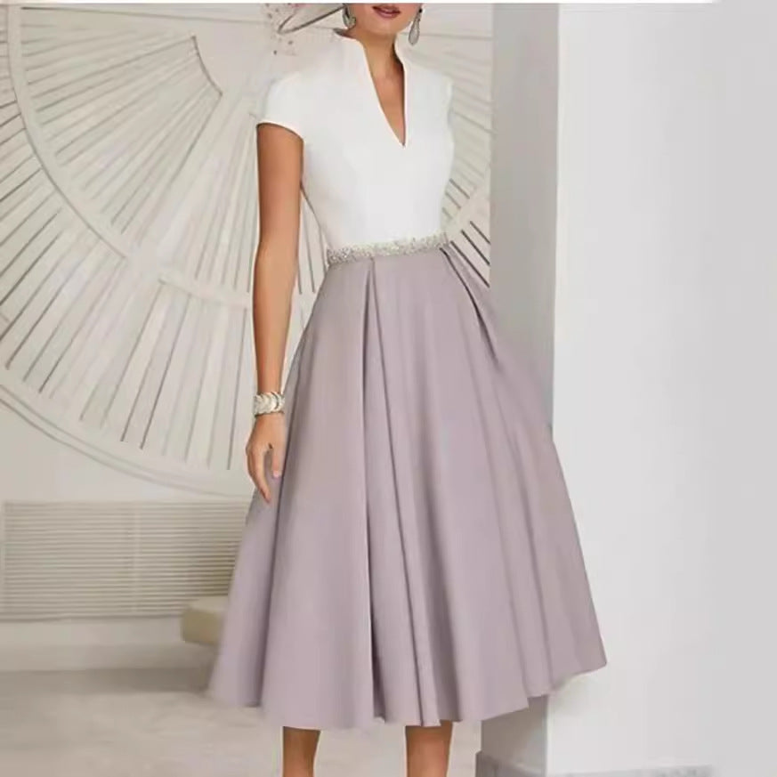 Women’s Midi Dress – V-Neck – A-Line Fit – Pleated Skirt – Short Sleeve – Waist Detail