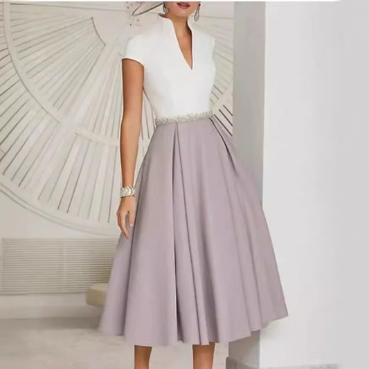 Women’s Midi Dress – V-Neck – A-Line Fit – Pleated Skirt – Short Sleeve – Waist Detail