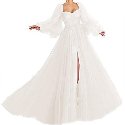Women’s Evening Dress – Sheer Tulle – Sweetheart Neckline – Voluminous Sleeves – Side Slit