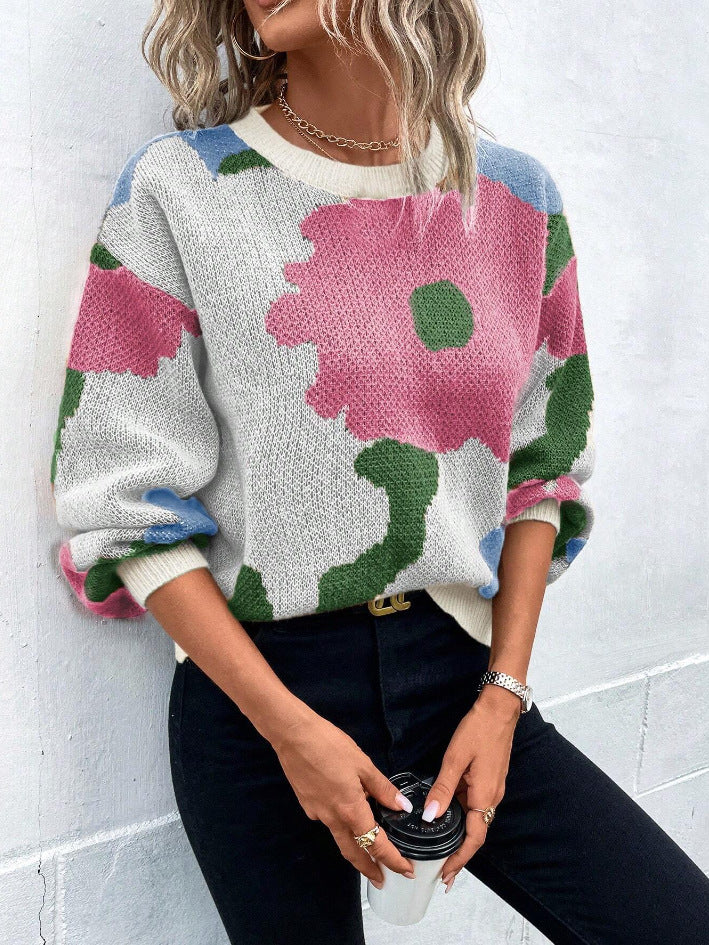 Women’s Pullover Sweater – Knit Fabric – Relaxed Fit – Round Neck – Balloon Sleeves – Patterned
