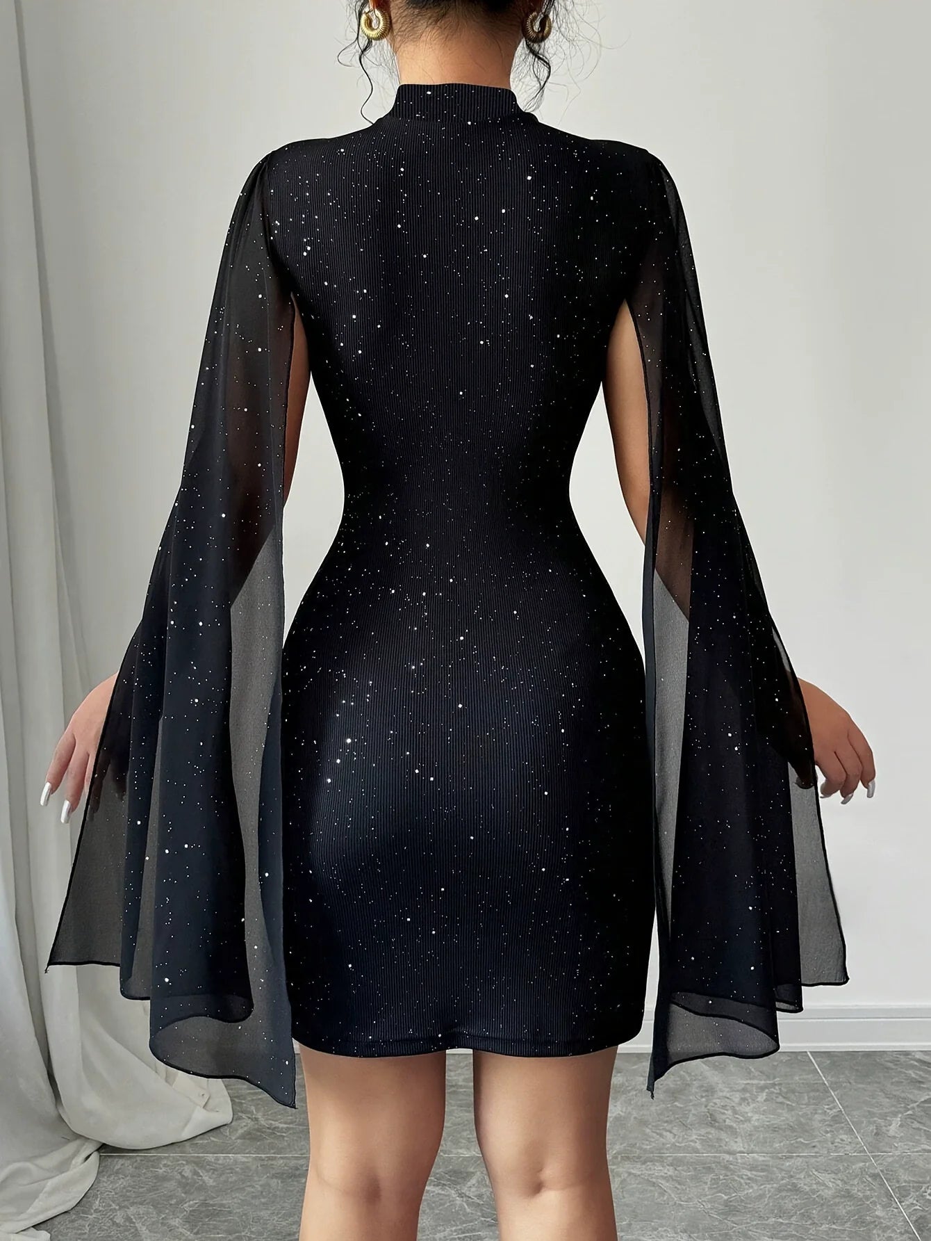 Women’s Mini Dress – Slim Fit – Sheer Cape Overlay – Stand Collar – Sparkle Detail
