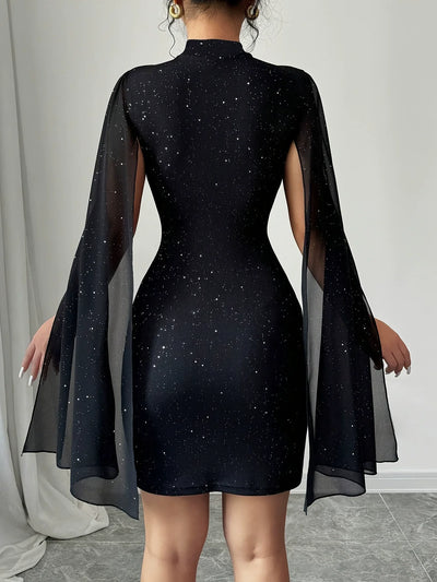 Women’s Mini Dress – Slim Fit – Sheer Cape Overlay – Stand Collar – Sparkle Detail