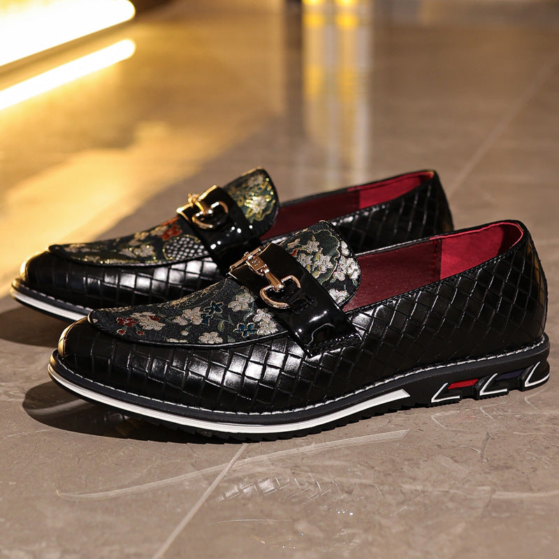 Men’s Loafers – Textured Leather – Woven Panel – Slip-On – Metal Bit Detail