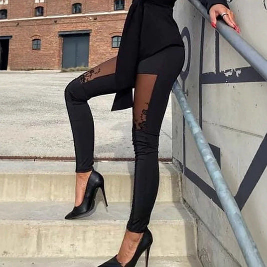 Women’s Slim Trousers – Stretch Fit – Lace Side Panels – Full Length Evening Wear