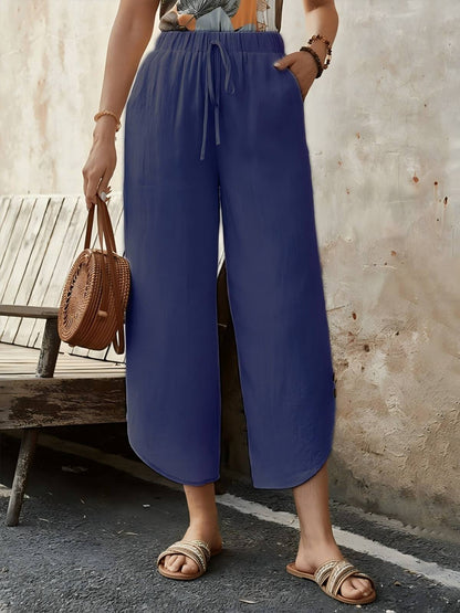 Women’s Cropped Trousers – Cotton Linen Blend – High Waist – Wide Leg – Drawstring Waist