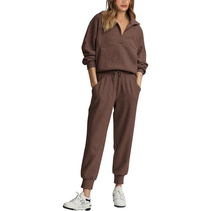 Women’s Tracksuit Set – Ribbed Fabric – Relaxed Fit – Half Zip Top – Drawstring Joggers