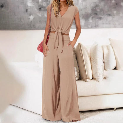 Women’s Two-Piece Set – V-Neck Tie-Front Cropped Top – High-Waist Wide-Leg Trousers