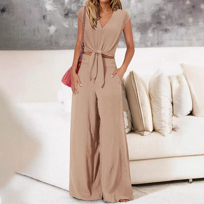 Women’s Two-Piece Set – V-Neck Tie-Front Cropped Top – High-Waist Wide-Leg Trousers