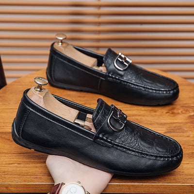 Men’s Leather Loafers – Slip-On Design – Metal Buckle – Business Casual Style