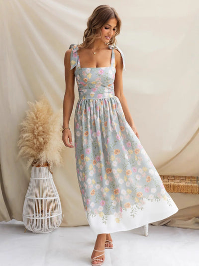 Women’s Sundress – Slim Fit – A-Line Midi – Floral Print – Bow Strap – Square Neck