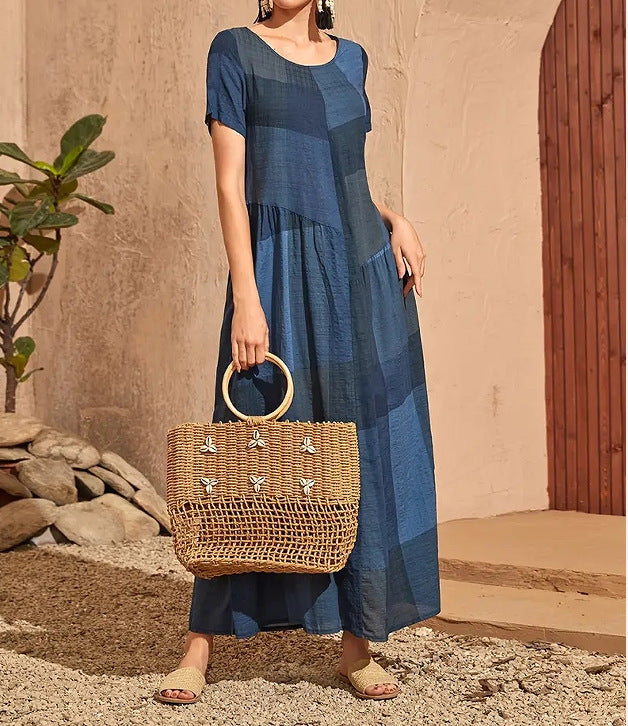 Women’s Long Dress – A-Line Loose Fit – Cotton – Plaid Print – Short Sleeve Casual